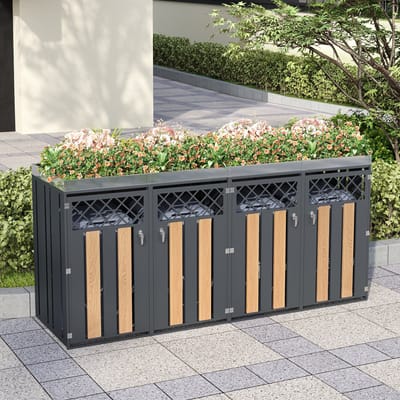 Prullenbak Omkasting (4 Deuren) - Met Plantenbak & Ruitvormige Ventilatie - Grijs/Houtnerf