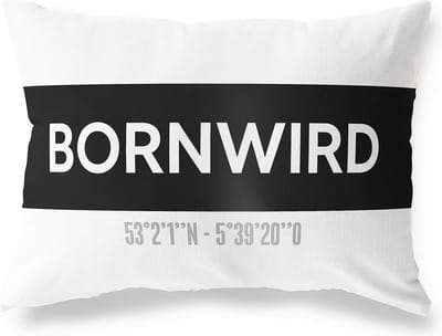 Tuinkussen BORNWIRD - FRIESLAND met coördinaten - Buitenkussen - Bootkussen - Weerbestendig - Jouw Plaats - Studio216 - Modern - Zwart-Wit - 50x30cm