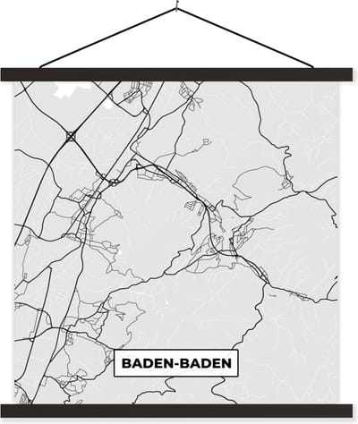 Posterhanger incl. Poster 60x60 cm - Schoolplaat - Duitsland - Baden-Baden - Kaart - Stadskaart - Plattegrond - Textielposter - Zwarte latten - Stadskaart
