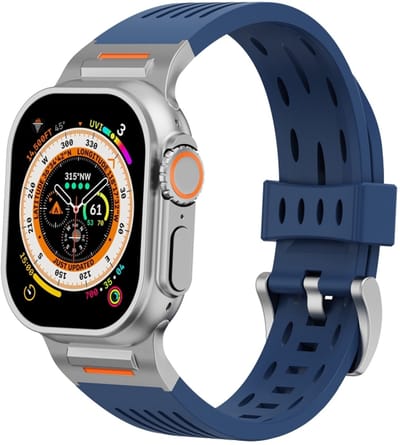Stravo Robuust Mechanisch Siliconen Sportbandje met Ventilatiegaten – Geschikt voor Apple Watch 46mm (Series 11/10), 45mm (Series 7/8/9), 44mm (Series 4/5/6, SE 1/2/3), 49mm (Ultra 1/2/3) – Ademend Siliconen Horlogebandje – Donkerblauw