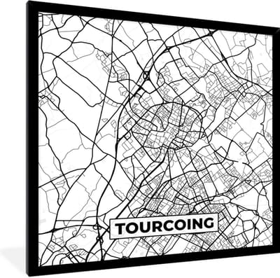 Fotolijst incl. Poster Zwart Wit- Stadskaart - Tourcoing - Plattegrond - Kaart - Frankrijk - Zwart wit - 40x40 cm - Posterlijst
