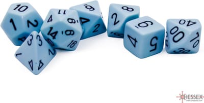 Chessex dobbelstenen set opak pastelblauw zwart polydice 7 stuks.
