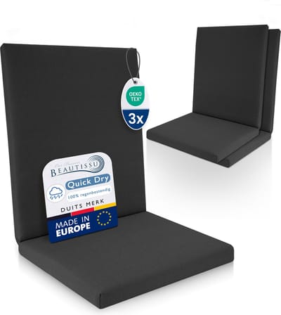 Beautissu QD-NL – Set van 3 Premium Tuinstoelkussens Lage Rug 105x48 cm – 100% Waterdicht – Weerbestendig – Sneldrogend – UV-bestendig – Antraciet