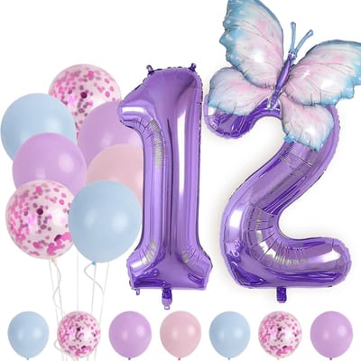Folieballonnen Set van 12 - Dierendecoratie - Verjaardagsdecoratie - Vlinderdecoratie - Feestdecoratie - Cijfer 12 Ballonnen - Feestballonnen