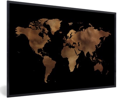Poster in lijst - Fotolijst 90x60 cm - Posters - Wereldkaart - Zwart - Brons - Posterlijst zwart - Decoratie - Wanddecoratie woonkamer - Muurdecoratie slaapkamer