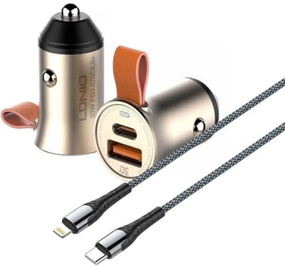 Auto Oplader - USB C naar Geschikt voor: Lightning Kabel (1M) LC111 zwart & Auto Stekker - USB A & C Snel Lader 30W - PD20W/QC3.0 Autolader