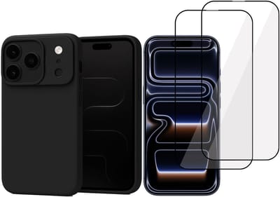 Technow hoesje + 2x Screenprotector geschikt voor iPhone 17 Pro – Full Screen Tempered Glass - Liquid Back Case - Cover - Zwart
