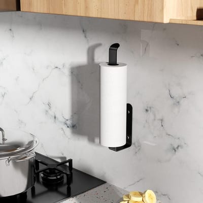 Famanu - Keukenrolhouder aluminiumlegering, mat, keukenrolhouder muur met vaste schroeven, installatie van boordeur, voor keuken, papierkasten, folie, vetpapier, zwart