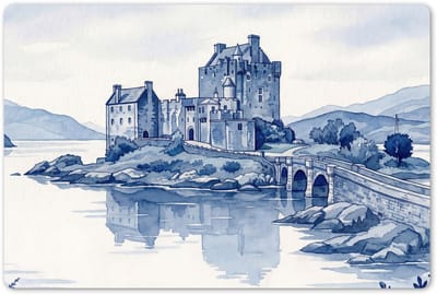 Placemats 45x30 cm - Placemat kunststof - 1 stuk - Schots - Kasteel - Blauw - Aquarel - Borden onderleggers - Decoratie voor op tafel - Keuken tafeldecoratie accessoires - Vinyl onderlegger - Tafelversiering