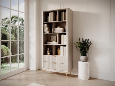 Vente-unique Boekenkast met 2 lades en 8 nissen van MDF - Beige en goudkleurig - ELONARIA II