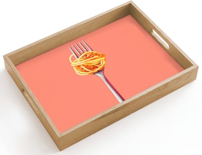 Dienblad hout 40x30 cm - Schootdienblad - Vork - Spaghetti - Artistiek - Roze - Borrelplank rechthoek - Plateau dienbladen