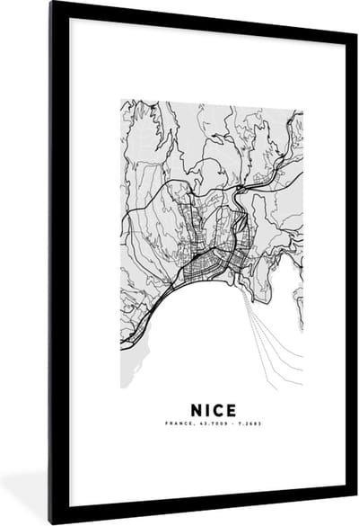 Fotolijst incl. Poster - Kaart - Frankrijk - Stadskaart - Plattegrond - Nice - 60x90 cm - Posterlijst