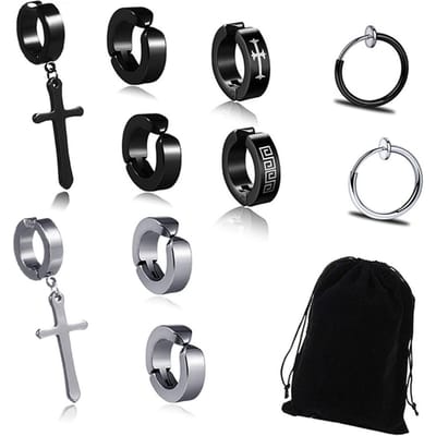 10 Stuks Kruis Oorclip Titanium Staal Heren Rock Stijl Clip-on Hoepel Oorbellen Individueel Verpakt Lichtgewicht Modieus gray