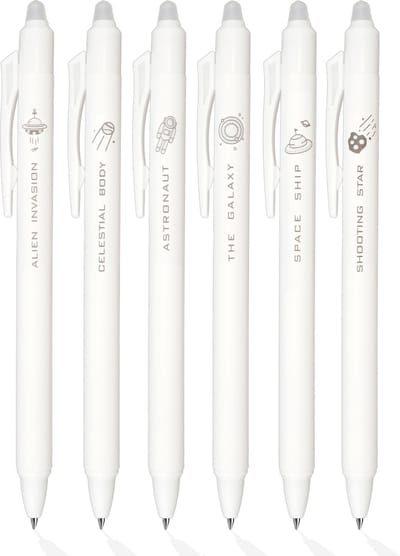 Ainy - Space Uitwisbare Pen - set van 6 witte uitgumbare pennen met zwarte inkt voor in je balpen etui of pennenzak - kawaii balpennen middelbare schoolspullen - geschikt voor zowel volwassen als kinderen