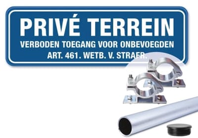 Bord Privé Terrein - Verboden toegang voor onbevoegden - blauw - Weerbestendig Aluminium - 40x15 cm - Bevestiging: Met paal 120 cm + paalbeugels + paaldop