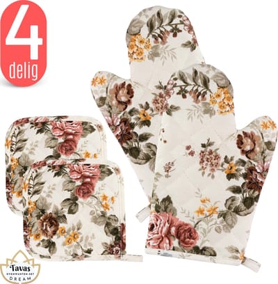 Tavas DREAM Ovenwanten Set Rozenbloemen Katoen Ovenwanten en Pannenlappen Ovenwanten 2 stuks Hittebestendig Pannenlappen 2 stuks Ovenhandschoenen tot 250Â°C