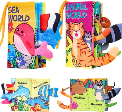 Babyboek 0-12 maanden - Zacht, kreukelend sensorisch speelgoed voor baby's van 0-3 jaar, 6-12 maanden | Boek met hoog contrast voor pasgeborenen om op de buik te liggen | Voel- en activiteitenboek met dieren- en oceaanstaarten (jongens en meisjes)