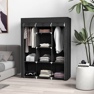 MODFU Stoffen Kledingkast - 2 Hangroedes En 8 Planken - Compact Ontwerp - Voor Slaapkamer Of Wasruimte - Zwart - 125 x 43 x 162,5 cm