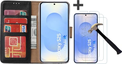 Hoesje met 3 Stuks Screenprotectors Geschikt voor Samsung Galaxy S25 – Arara bookcase met pasjeshouder - Zwart