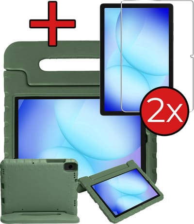 Hoesje - Geschikt voor Samsung Galaxy Tab A11 Plus / A9 Plus - Met 2x Screenprotector - Kinderhoes - Shockproof Bumper - Kidsproof Case - Tablethoes - Kinder Hoes Cover - Donkergroen
