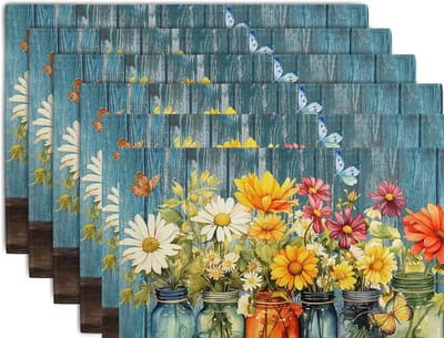Placemats - hittebestendige mat - Rustieke placemats met madeliefjes - Linnen placemats met houtnerfstructuur – Zomers bloemenpatroon – Wasbaar – Ideaal voor feestjes, keukens, eetkamers en binnen- en buitendecoratie – 30 x 45 cm - 6 stuks