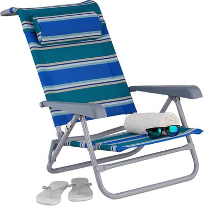 strandstoel opvouwbaar - verstelbaar - laag - met nekkussen - armleuningen - flesopener - blauw-groen-wit