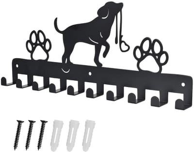 Dailygoods - Haak kleerhanger muur sleutelhouder hond en poot prints metalen sleutelhouder met 10 haken hondengarderobe zwart ijzer wandmontage haken voor hondenbezitters, wanddecoratie metaal, badkamer, keuken