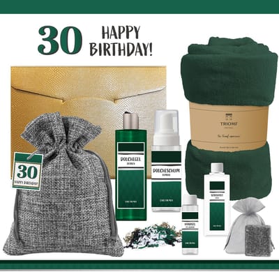 Geschenkset “30 Jaar Happy Birthday!” - 7 Producten - 1100 Gram - Triomf Cosmetica | Giftset voor hem Luxe wellness cadeaubox Cadeau man Verjaardag Veertig Gefeliciteerd Gift Thirty years old Party Cadeaupakket Deluxe Vriend Verjaardagscadeau Groen