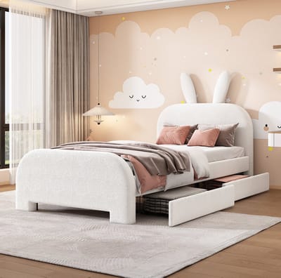 90*200 cm plat bed, inclusief matras, wolbestendig, met cartoonkonijnontwerp, twee lades, wit.