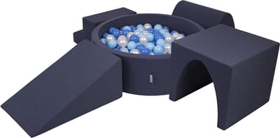 KiddyMoon schuimspeelplaats met rond ballenbad (200 ballen) ballenbakken voor baby's speelbad hindernisbanen, made in the eu, donkerblauw:babyblue/blue/pearl