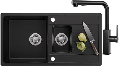 CECIPA MAX Spoelbak Met Kraangat - Granieten Keuken 86x45CM - 1.5 Spoelbak Keuken Met L-Vorm Keukenkraan - Met Afdruiprek en Waterafvoersysteem - 80% Kwarts Zand Spoelbak Keuken - Zwart