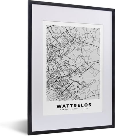 Fotolijst incl. Poster - Wattrelos - Plattegrond - Frankrijk - Kaart - Stadskaart - 30x40 cm - Posterlijst
