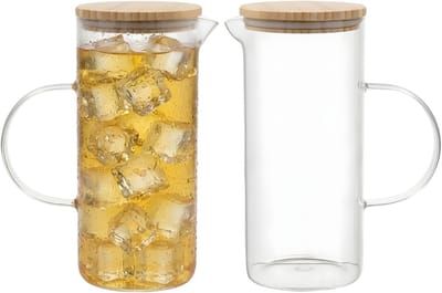 Gerimport Water / sapkan - 2x - met bamboe deksel - 1,5 ltr - boroscilaat glas - schenkkan