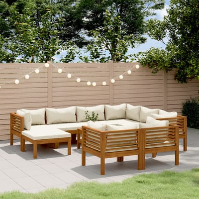 vidaXL - 10-delige - Loungeset - met - crèmekleurige - kussens - massief - acaciahout