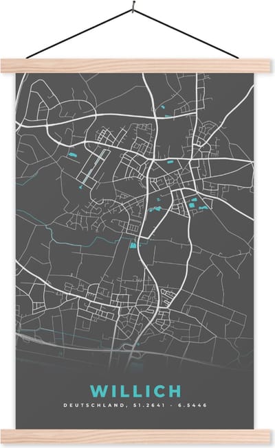 Posterhanger incl. Poster 60x90 cm - Schoolplaat - Stadskaart – Kaart – Willich – Blauw – Duitsland – Plattegrond - Textielposter - Blanke latten - Stadskaart