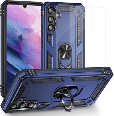 Hoesje Geschikt Voor Samsung Galaxy A34 Hoesje Anti-Shock Hybrid Armor hoesje Blauw - Hoesje Geschikt Voor Samsung Galaxy A34 kickstand Ring houder TPU backcover hoesje - met screenprotector Galaxy A34 - 2 pack