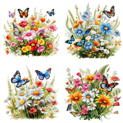 Raamstickers met boeketten bloemen - 4x 30*30cm - Raamstickers - Vlinderbloem statische stickers - Raamstickers met bloemen - Herbruikbaar - Glazen ramen - Zelfklevend - Statisch hechtend - Voor slaapkamer/woonkamer/tv kantoor decoratie/huisdecoratie