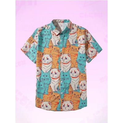 Mode Heren Schattige Kattenprint Casual Dagelijks Gebruik 3D-Print Unisex Korte Mouw Shirt Mode Hawaïhemden Voor Mannen 4XL beige