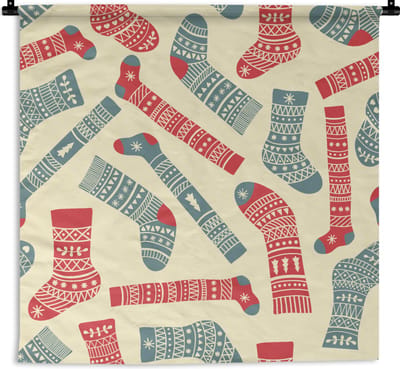Wandkleed - Wanddoek - Kerst - Sokken - Patronen - 90x90 cm - Wandtapijt