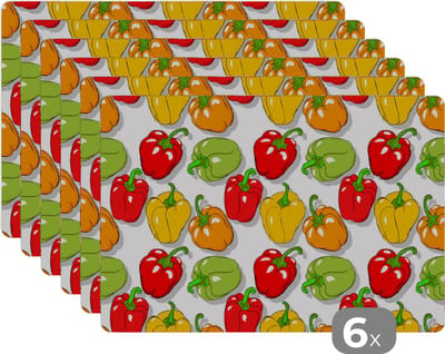 Placemat - Placemats kunststof - Patroon - Eten - Paprika - 45x30 cm - 6 stuks - Hittebestendig - Anti-Slip - Onderlegger - Afneembaar