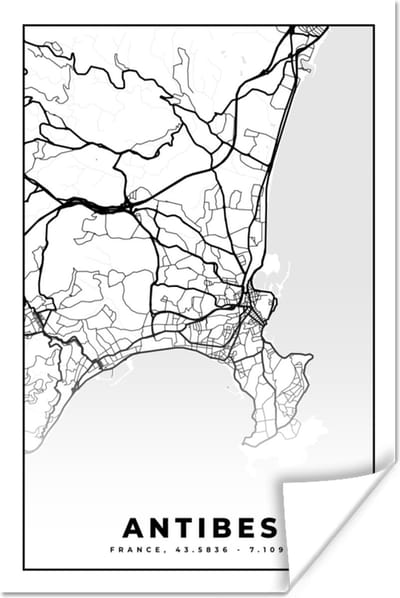 Poster Kaart - Plattegrond - Antibes - Frankrijk - Stadskaart - Zwart wit - 120x180 cm XXL