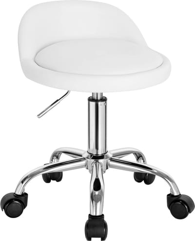 BukkitBow - Compacte Kruk van Kunstleder/Leer - Met Lichte Ondersteuning voor Onderrug - met Metalen Onderstel en Wielen - Hoogte instelbaar (43-55CM) - Wit