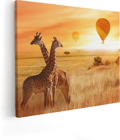 Artaza Canvas Schilderij Afrika - 50x40 cm - Wanddecoratie Giraffe - Muurdecoratie Zonsondergang - Schilderijen Op Canvas