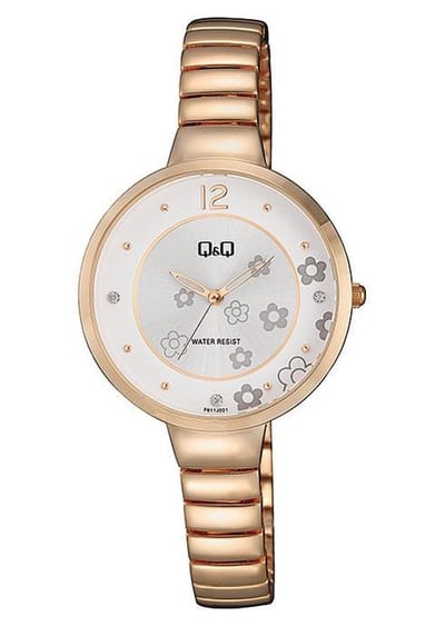 Q&Q F611J021Y - Horloge - Analoog - Vrouwen - Dames - Stalen band - Rond - Staal - Rosékleurig - Bloemenprint