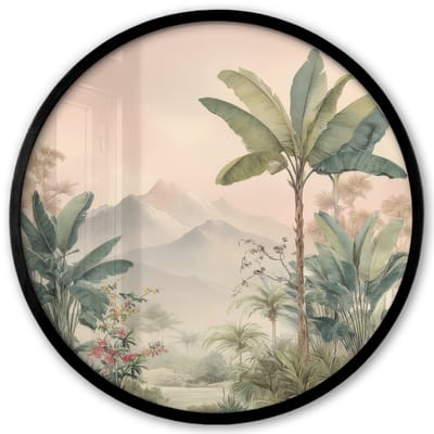 Poster in lijst Rond - Fotolijst 40x40 cm - Posters - Tropisch landschap - palmbomen - Bloemen - Roze lucht - Ronde posterlijst zwart - Decoratie - Wanddecoratie woonkamer - Muurdecoratie slaapkamer