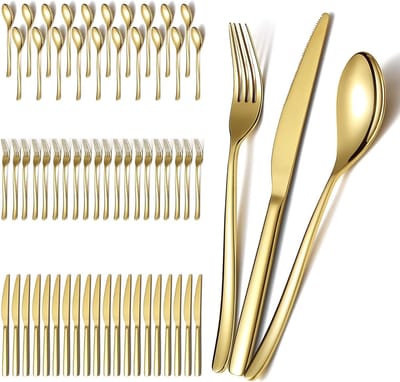Gouden Trouwbestek Set van 60 Stukken voor 20 Personen, Roestvrij Staal met Titanium Coating, Ideaal voor Thuis, Bruiloften en Restaurants