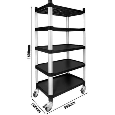 GGM Gastro Servierwagen - 5 Etagen - 800x500x1600mm - Tragfähigkeit: 250 kg - mit leisen Rollen Zilver / Zwart