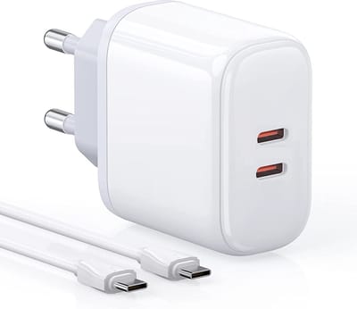 Adapter USB-C met Sterke Laadkabel - 2 USB-C Poorten - 1 Meter - Fast Charger voor S24, S23, S22, S21, S20, A54, A25, A05s, A23, A24