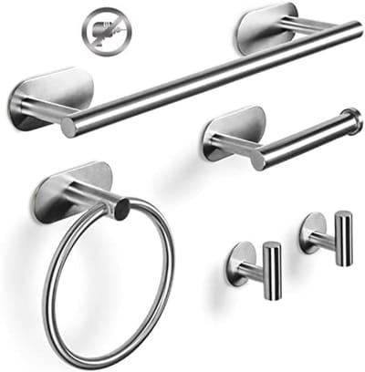 Zelfklevende Badkameraccessoires Set 5-delig - Handdoekenrek, Handdoekring, Toiletpapierhouder en 2 Handdoekhaken - Zilverkleurig RVS - Geen Boren Nodig - Wandmontage