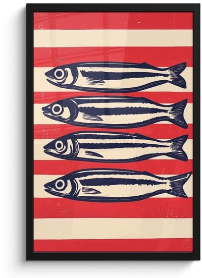 Poster in lijst - Fotolijst 40x60 cm - Posters - Sardines - Rood en beige strepen - Posterlijst zwart - Decoratie - Wanddecoratie woonkamer - Muurdecoratie slaapkamer